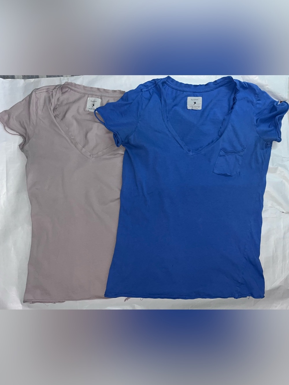 Forever 21 2 pack V-Neck Pocket Tee - Blue & Tan distressed with rips M Medium
